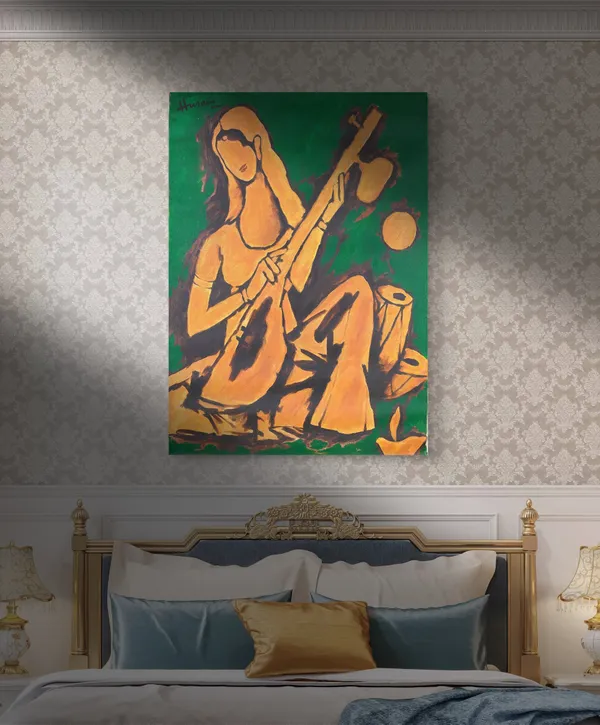 Lady_with_Sitar*_&_*Lady_with_Veena*-Set_of_2_Paintings_by_M.F._Husain,_Framed_Canvas,_Wall_Decor,_Multicolor