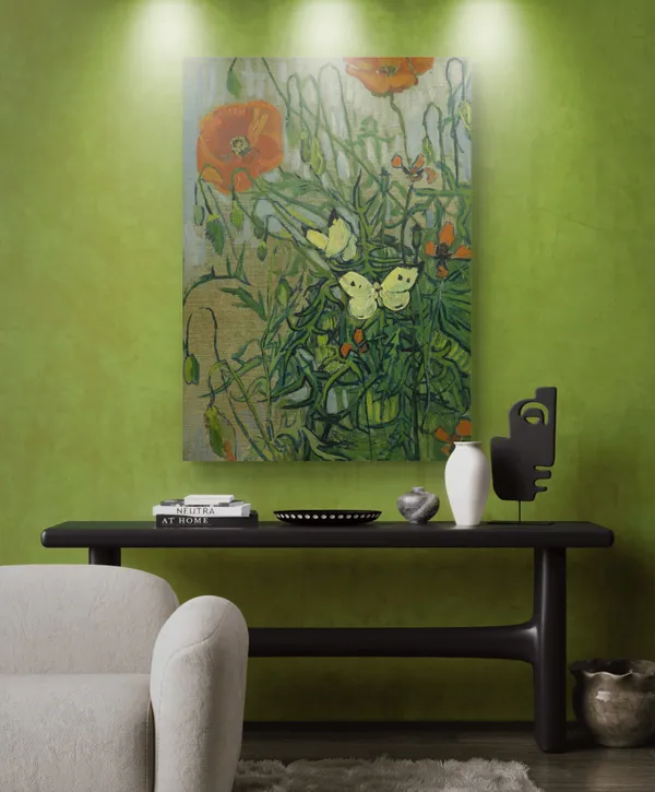 Sunflower_&_Butterflies_with_Poppies,_Paintings_by_Van_Gogh,_Framed_Canvas,_Set_of_2,_Multicolor