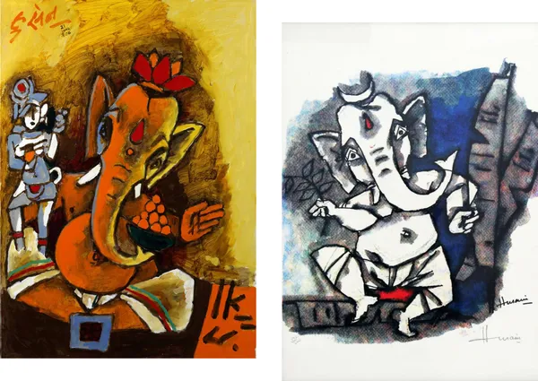 Ganesha*_(2008)-Set_of_2_Paintings_by_M.F._Husain,_Framed_Canvas,_Wall_Decor,_Multicolor