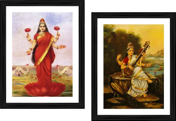 Saraswati_and_Lakshmi,_Raja_Ravi_Varma_Paintings,_Set_of_2,_Framed,_Multicolor