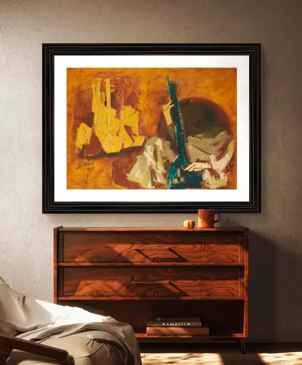 Veena_Players*-Set_of_2_Paintings_by_M.F._Husain,_Framed,_Wall_Decor,_Multicolor