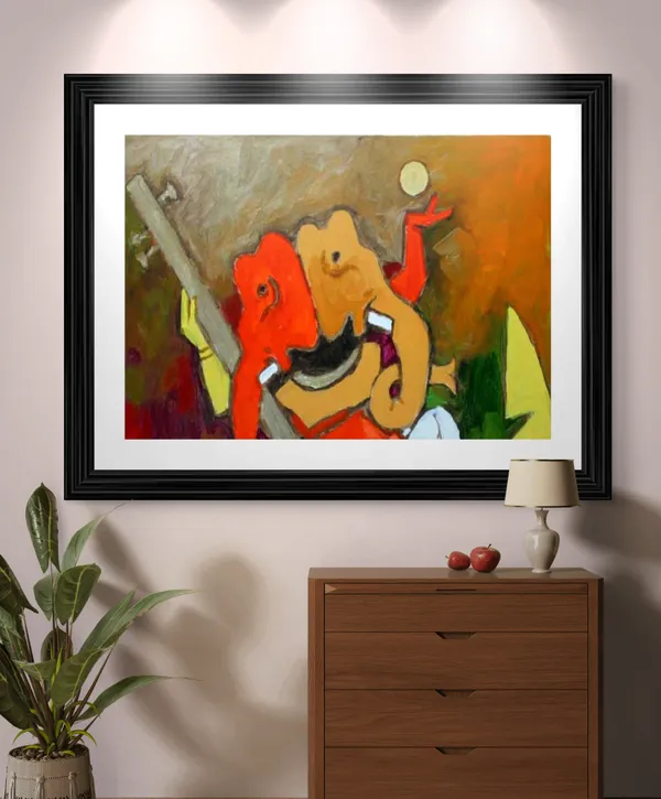 Veena_Players*-Set_of_2_Paintings_by_M.F._Husain,_Framed,_Wall_Decor,_Multicolor