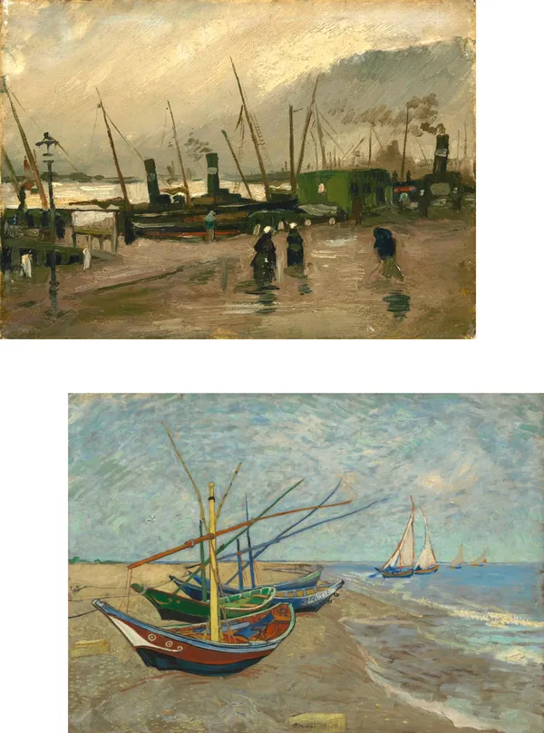Amsterdam_Scene_&_Fishing_Boats_on_the_Beach,_Paintings_by_Van_Gogh,_Framed_Canvas,_Set_of_2,_Multicolor