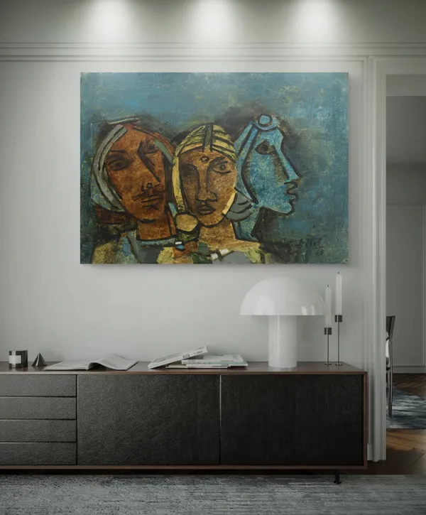 Three_Ladies_(Rajasthan)_(1963)-_M.F._Husain's_Painting,_Framed_Canvas,_Wall_Decor,_Multicolor