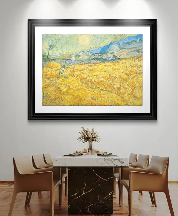 Wheatfield_with_A_Reaper_1889,_A_Painting_by_Van_Gogh,_Framed,_Wall_Decor,_Multicolor