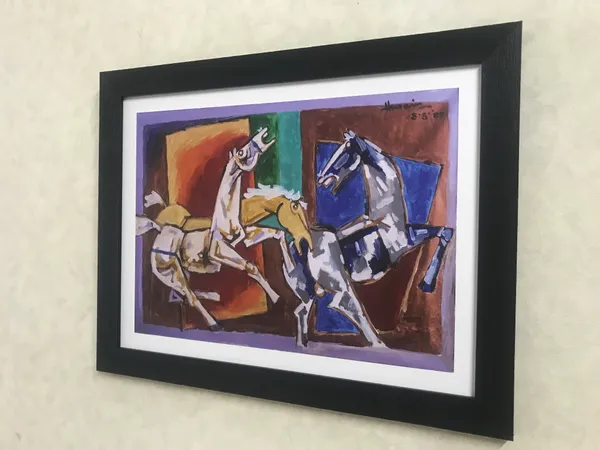 Horses_and_Battles*-Set_of_2_Paintings_by_M.F._Husain,_Framed,_Wall_Decor,_Multicolor