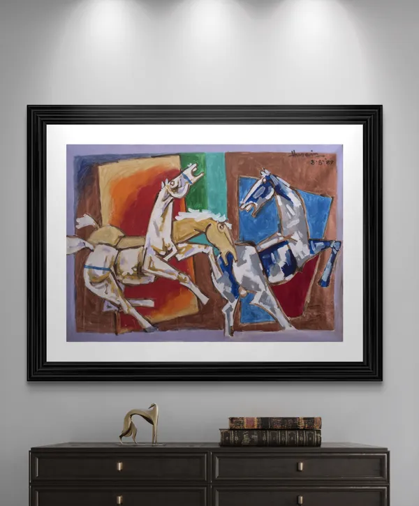 Horses_and_Battles*-Set_of_2_Paintings_by_M.F._Husain,_Framed,_Wall_Decor,_Multicolor