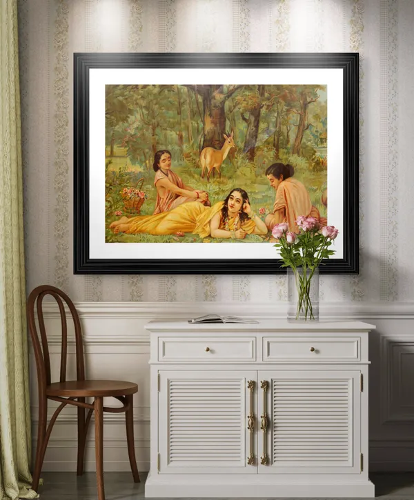 Shakuntala_Writing_a_Loveletter_to_Dushyant,_Raja_Ravi_Varma_Paintings,_Set_of_2,_Framed,_Multicolor