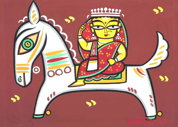 Woman_on_the_Horse*,_A_Painting_by_Jamini_Roy,_Unframed_Canvas_Print,_Multicolor