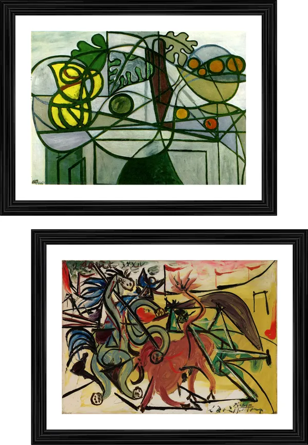 Still_Life_Replica_&_Bullfight,_Paintings_by_Pablo_Picasso,_Framed,_Set_of_2,_Multicolor