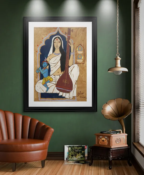 Goddess_Durga*_&_*Meerabai_and_Krishna*-Set_of_2_Paintings_by_M.F._Husain,_Framed,_Wall_Decor,_Multicolor