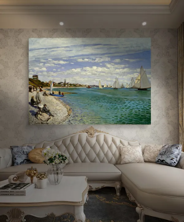 Beach_@_Pourville-2_(1882),_A_Painting_by_Claude_Monet,_Wall_D�cor,_Framed_Canvas,_Multicolor