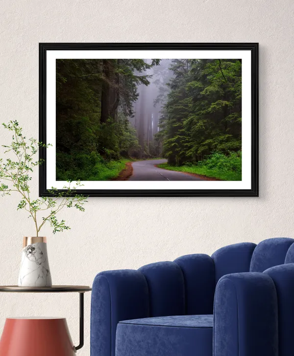 Californian_way_to_Waterfall_in_Green_Woods-_Nature_Theme_Wall_Decor,_Framed,_Multicolor