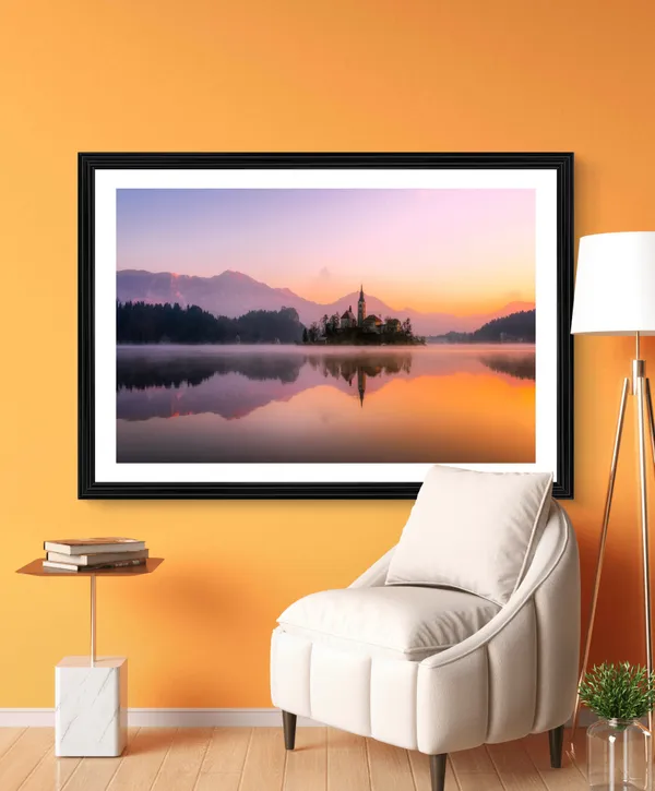 Slovanian_Church_near_Lake_in_the_Evening-_Nature_Theme_Wall_Decor,_Framed,_Multicolor
