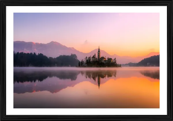 Slovanian_Church_near_Lake_in_the_Evening-_Nature_Theme_Wall_Decor,_Framed,_Multicolor