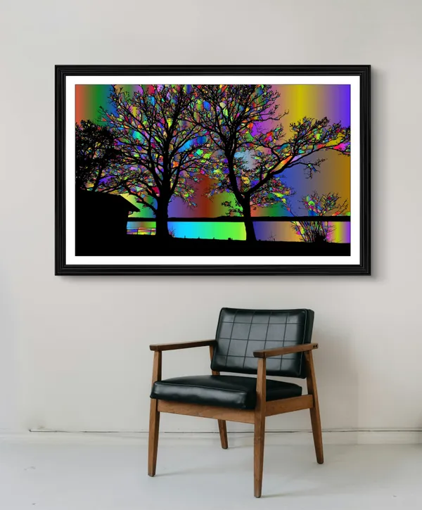 Surreal_Trees_with_Mystique_Sky_Background_theme_Wall_Decor,_Framed,_Multicolor