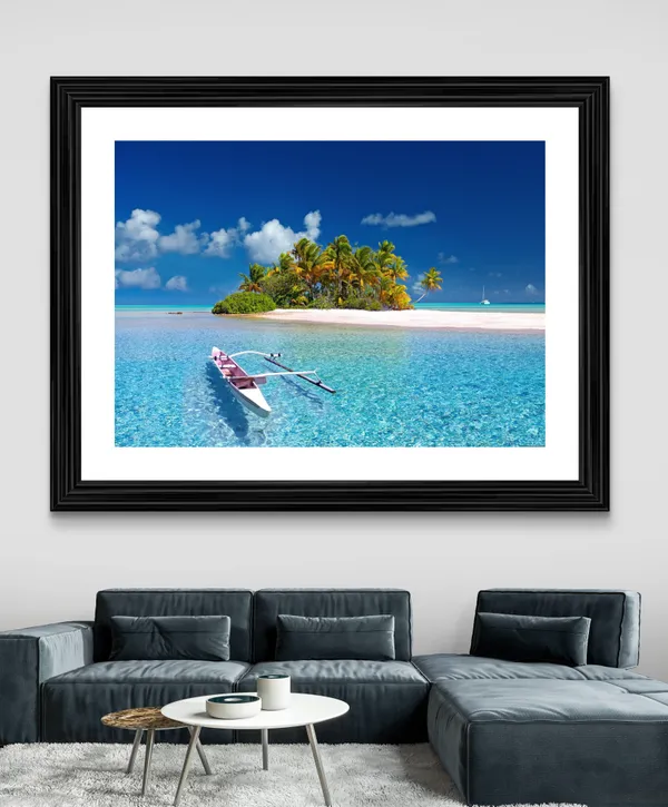 A_Boat,_Blue_Sea_and_the_Island,_Nature_Theme_Wall_Decor,_Framed,_Multicolor