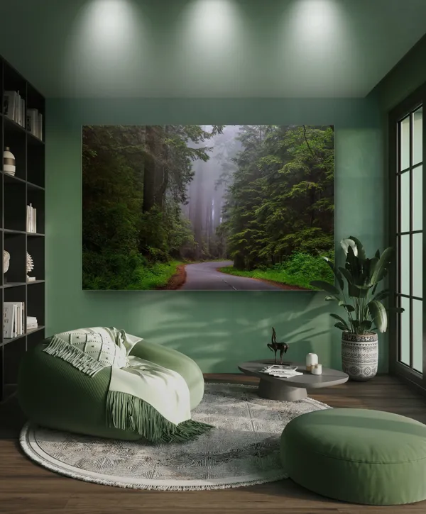 Californian_way_to_Waterfall_in_Green_Woods-_Nature_Theme_Wall_Decor,_Framed,_Multicolor
