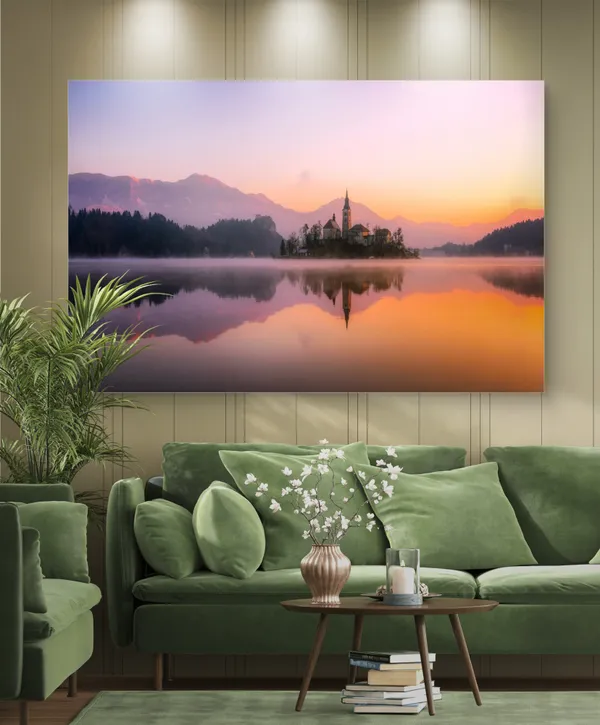 Slovanian_Church_near_Lake_in_the_Evening-_Nature_Theme_Wall_Decor,_Framed,_Multicolor