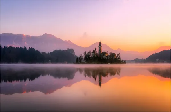 Slovanian_Church_near_Lake_in_the_Evening-_Nature_Theme_Wall_Decor,_Framed,_Multicolor