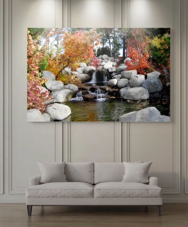 Waterfall_in_the_Rocks_in_the_Awesome_Blossom-_Nature_Theme_Wall_Decor,_Framed,_Multicolor