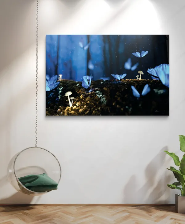Blue_Butterflies_in_the_Evening_Twilight-_Nature_Theme_Wall_Decor,_Framed,_Multicolor