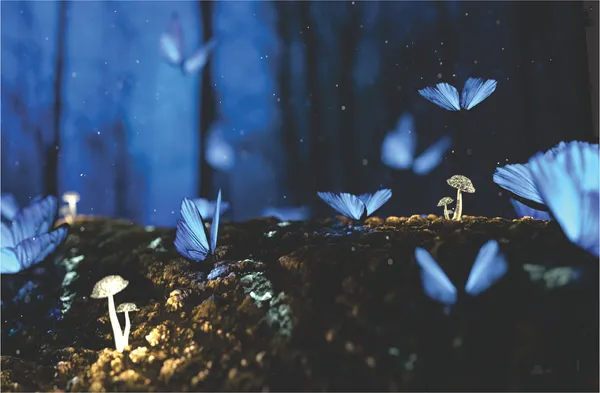 Blue_Butterflies_in_the_Evening_Twilight-_Nature_Theme_Wall_Decor,_Framed,_Multicolor