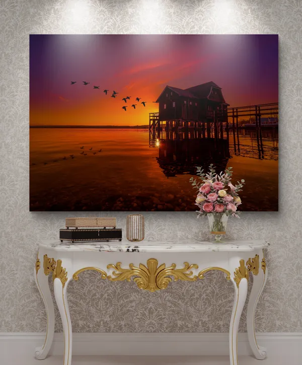 Wooden_House_in_the_River,_Nature_Theme_Wall_Decor,_Framed,_Multicolor