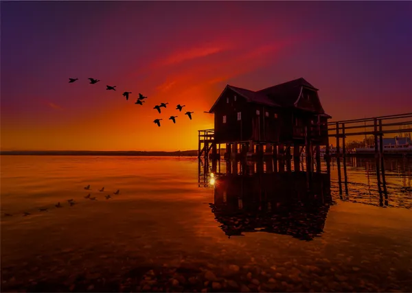 Wooden_House_in_the_River,_Nature_Theme_Wall_Decor,_Framed,_Multicolor