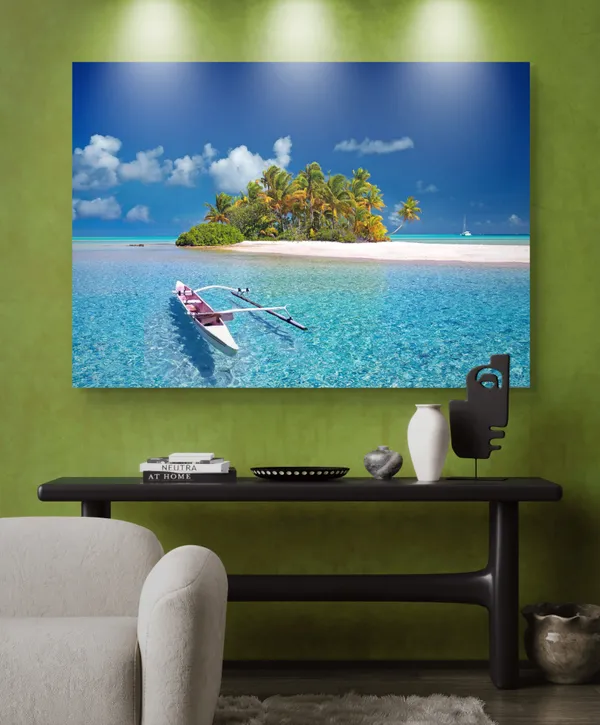 A_Boat,_Blue_Sea_and_the_Island,_Nature_Theme_Wall_Decor,_Framed,_Multicolor