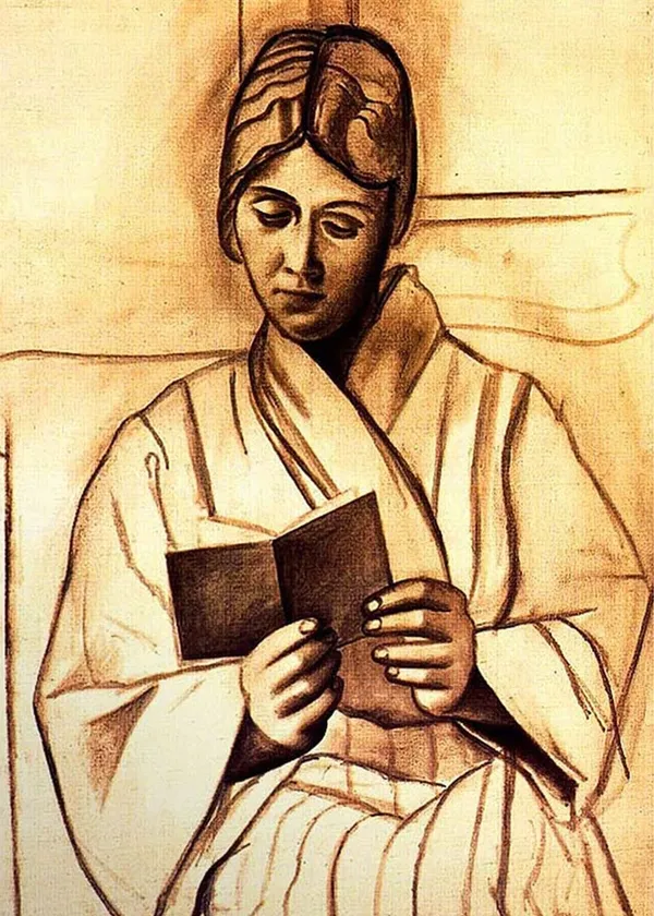 Woman_(Olga)_Reading_A_Book,_1920,_A_Painting_by_Pablo_Picasso,_Framed_Canvas,_Wall_Decor,_Multicolor