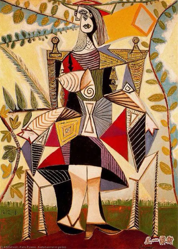 Seated_Woman_in_A_Garden,_1938,_A_Painting_by_Pablo_Picasso,_Framed_Canvas,_Wall_Decor,_Multicolor