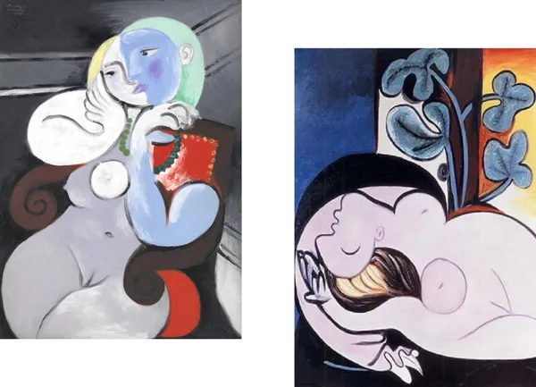 �Nude_Women_in_Red_&_Black_Chairs_,_Paintings_by_Pablo_Picasso,_Framed_Canvas,_Set_of_2,_Multicolor