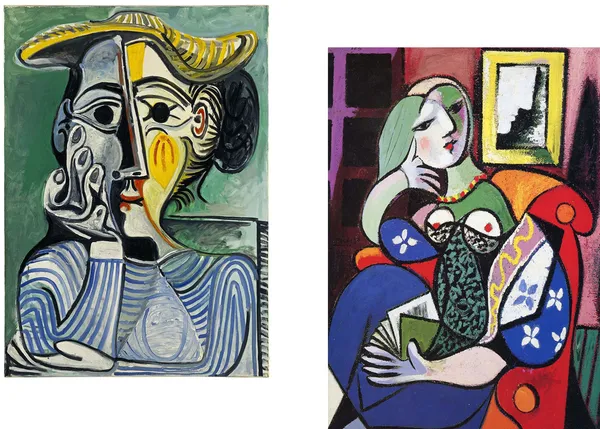 �Woman_:_Yellow_Hat_&_A_Book_,_Paintings_by_Pablo_Picasso,_Framed_Canvas,_Set_of_2,_Multicolor