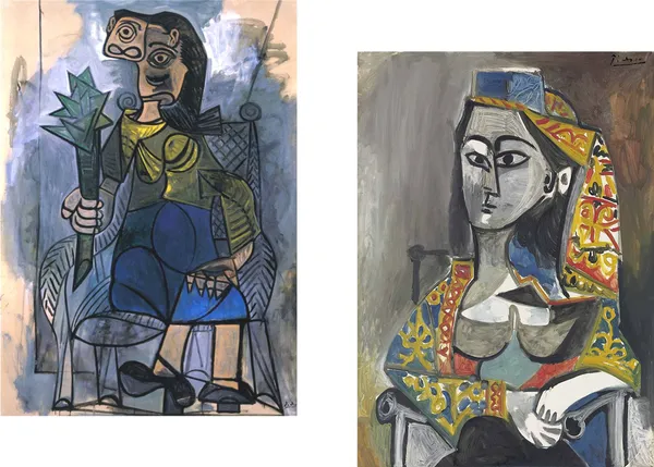 �Women_in_Artichoke_&_Turkish_Costume_,_Paintings_by_Pablo_Picasso,_Framed_Canvas,_Set_of_2,_Multicolor
