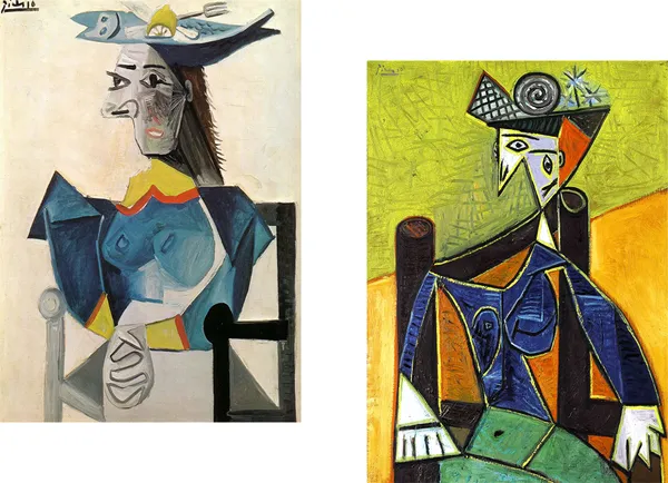 �Women_in_a_Fish_Hat_&_Armchair_,_Paintings_by_Pablo_Picasso,_Framed_Canvas,_Set_of_2,_Multicolor