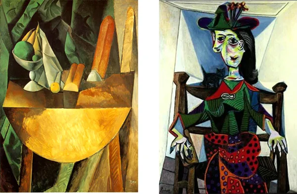 �Woman_in_Flowered_Hat_&_Dish_on_a_Table,_Paintings_by_Pablo_Picasso,_Framed_Canvas,_Set_of_2,_Multicolor