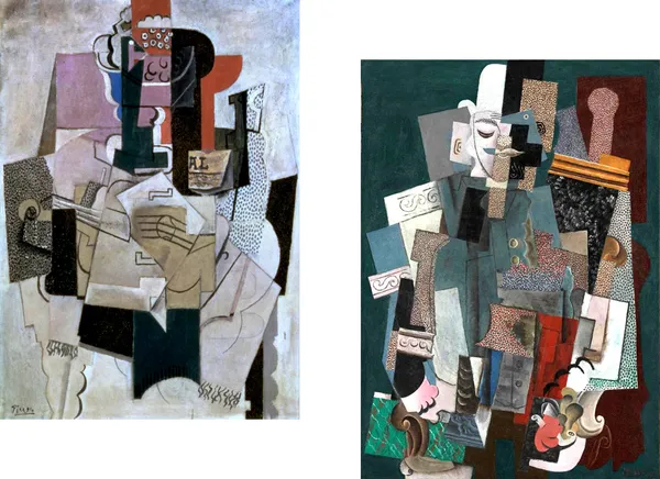 Fruit_Bowl,_Violin;_Bottle_&_Man_with_A_Pipe_,_Paintings_by_Pablo_Picasso,_Framed_Canvas,_Set_of_2,_Multicolor