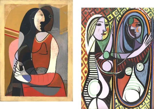 �Seated_Woman_&_Girl_Before_A_Mirror,_Paintings_by_Pablo_Picasso,_Framed_Canvas,_Set_of_2,_Multicolor