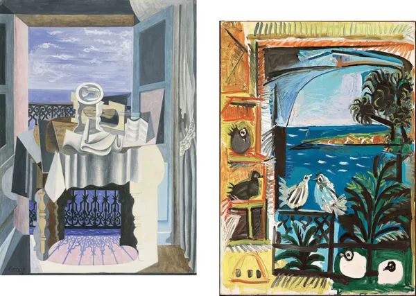 �Still_Life_from_Window_&_Pigeons_at_Cannes,_Paintings_by_Pablo_Picasso,_Framed_Canvas,_Set_of_2,_Multicolor