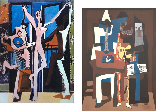 �Three_Dancers_&_Three_Musicians,_Paintings_by_Pablo_Picasso,_Framed_Canvas,_Set_of_2,_Multicolor