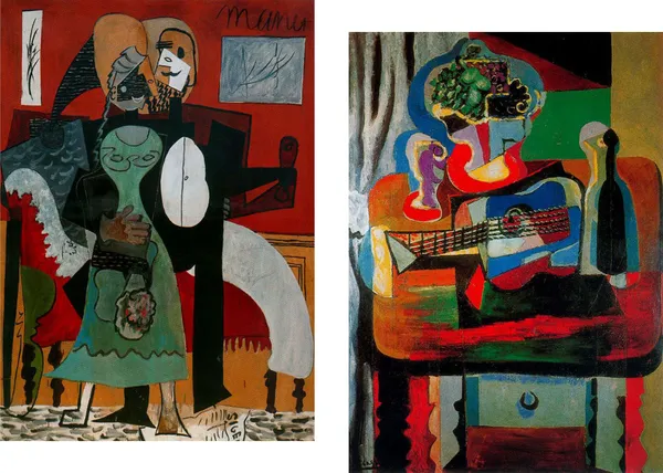 �Lovers_&_Guitar,_Bottle,_Fruit_Dish_and_Glass_,_Paintings_by_Pablo_Picasso,_Framed_Canvas,_Set_of_2,_Multicolor