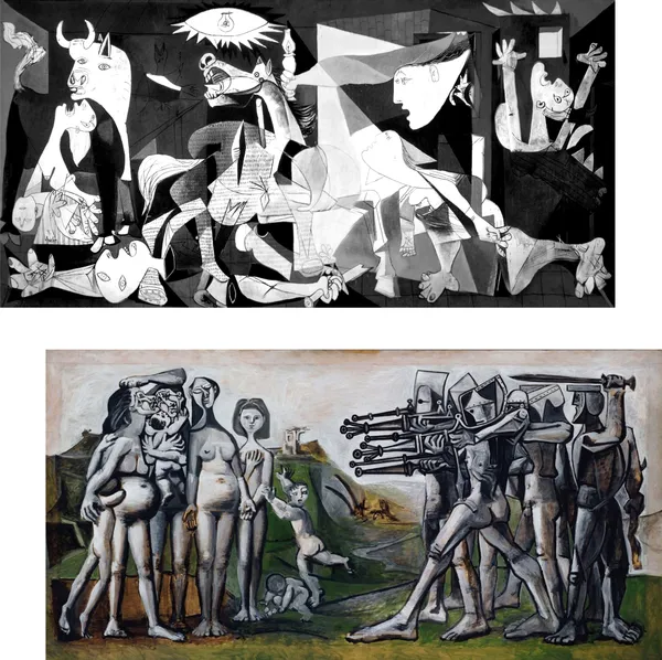 �Guernica_&_Massacre_in_Korea_,_Paintings_by_Pablo_Picasso,_Framed_Canvas,_Set_of_2,_Multicolor