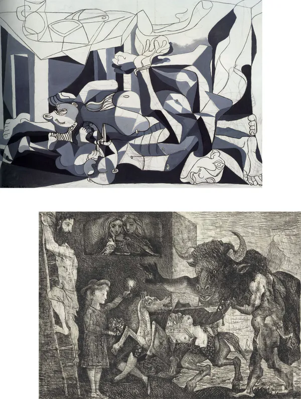 �The_Charnel_House_&_Minotauromachy,_Paintings_by_Pablo_Picasso,_Framed_Canvas,_Set_of_2,_Multicolor