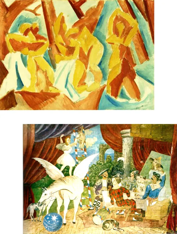 �Women_in_a_Forest_&_The_Theatre_Curtain,_Paintings_by_Pablo_Picasso,_Framed_Canvas,_Set_of_2,_Multicolor