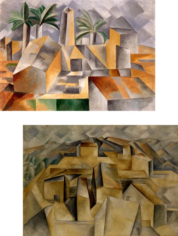 �Factory_at_Horto_De_Ebro_&_Houses_on_the_Hill,_Paintings_by_Pablo_Picasso,_Framed_Canvas,_Set_of_2,_Multicolor
