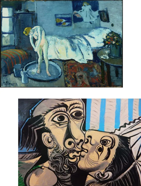�The_Blue_Room_&_The_Kiss,_Paintings_by_Pablo_Picasso,_Framed_Canvas,_Set_of_2,_Multicolor