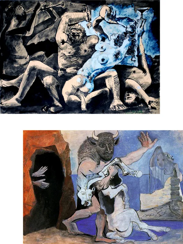�Bacchanale_&_Minotaur_with_Dead_Mare,_Paintings_by_Pablo_Picasso,_Framed_Canvas,_Set_of_2,_Multicolor