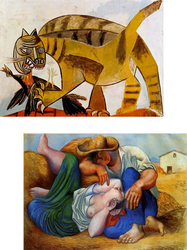 �Cat-Devouring_A_Bird_&_Sleeping_Peasants,_Paintings_by_Pablo_Picasso,_Framed_Canvas,_Set_of_2,_Multicolor