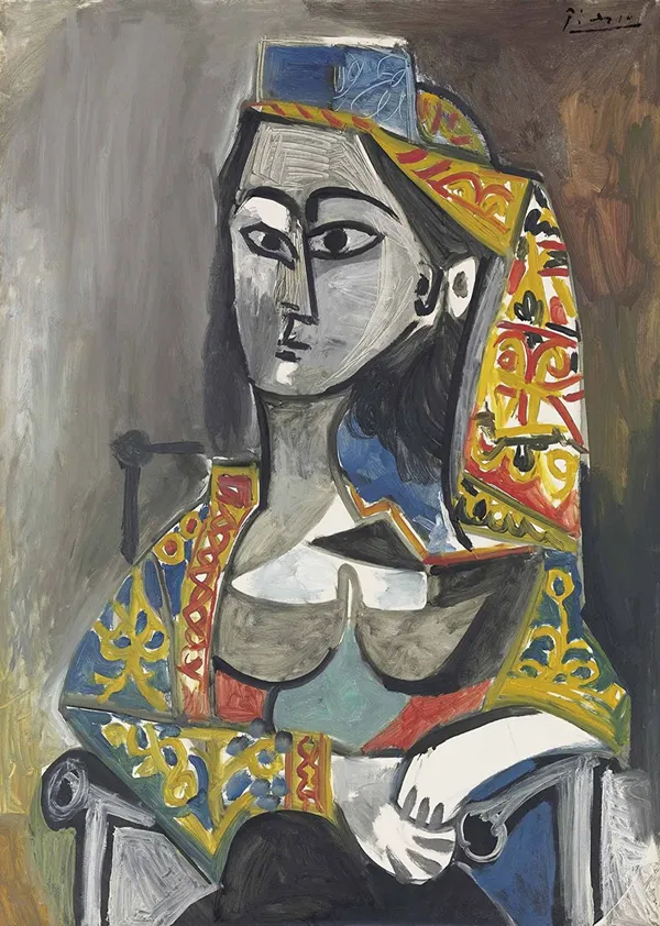 Woman_in_Turkish_Costume_in_A_Chair_1955,_A_Painting_by_Pablo_Picasso,_Framed_Canvas,_Multicolor